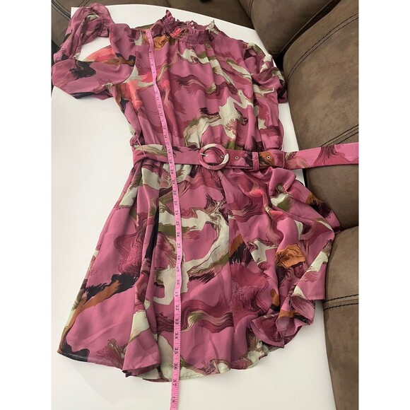 Nine West Women's Long Sleeve Belted Chiffon Mini Dress Large Mock Neck - Picture 6 of 14